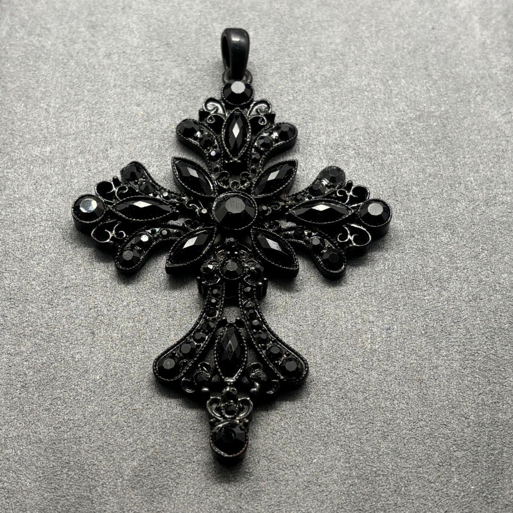 Cross Pendant Black Gothic Rhinestone Filigree Statement Ornate